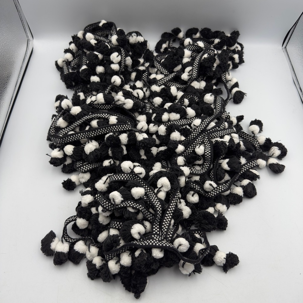 Unbranded Pom Pom Fringe Trim Black White Checkered Header 14 Yards Sewing Craft